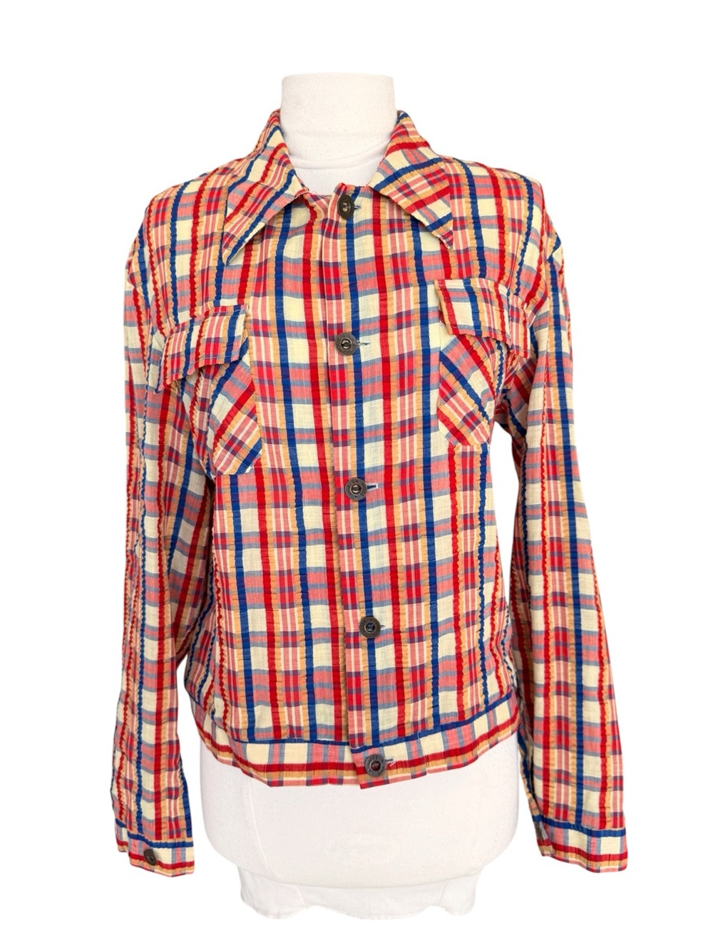 Vintage Red Blue Cream Plaid Button-Up Top Size Small